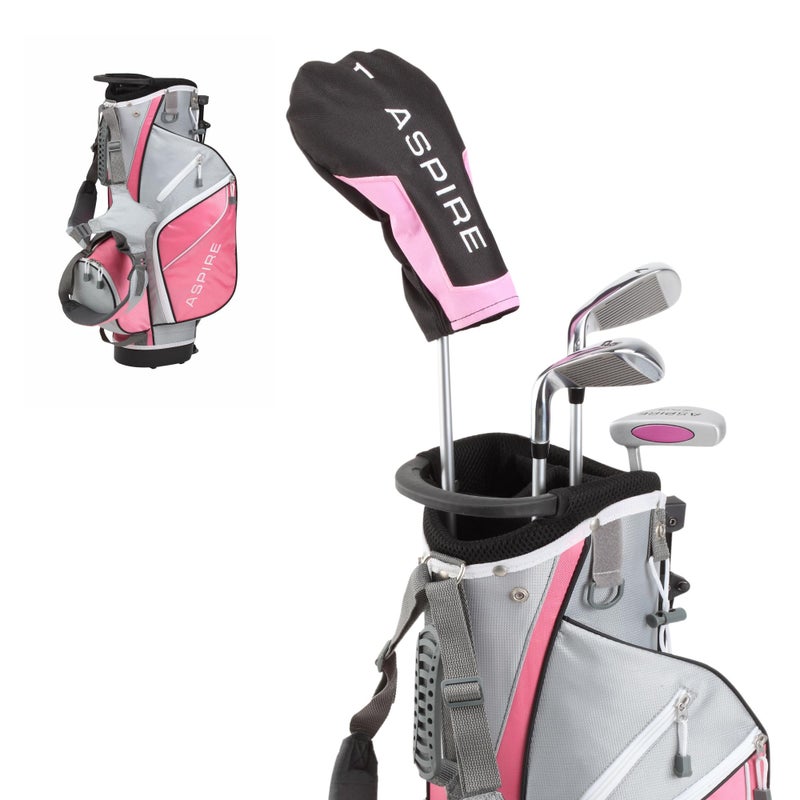 Aspire Junior Plus Kids Golf Clubs â€“ Boysâ€™ & Girlsâ€™ Right-Handed Golf Set with Lightweight Stand Bag, Graphite Shafts & Aircraft-Grade Aluminum Clubs - Pink Ages 5-6 - Image 1